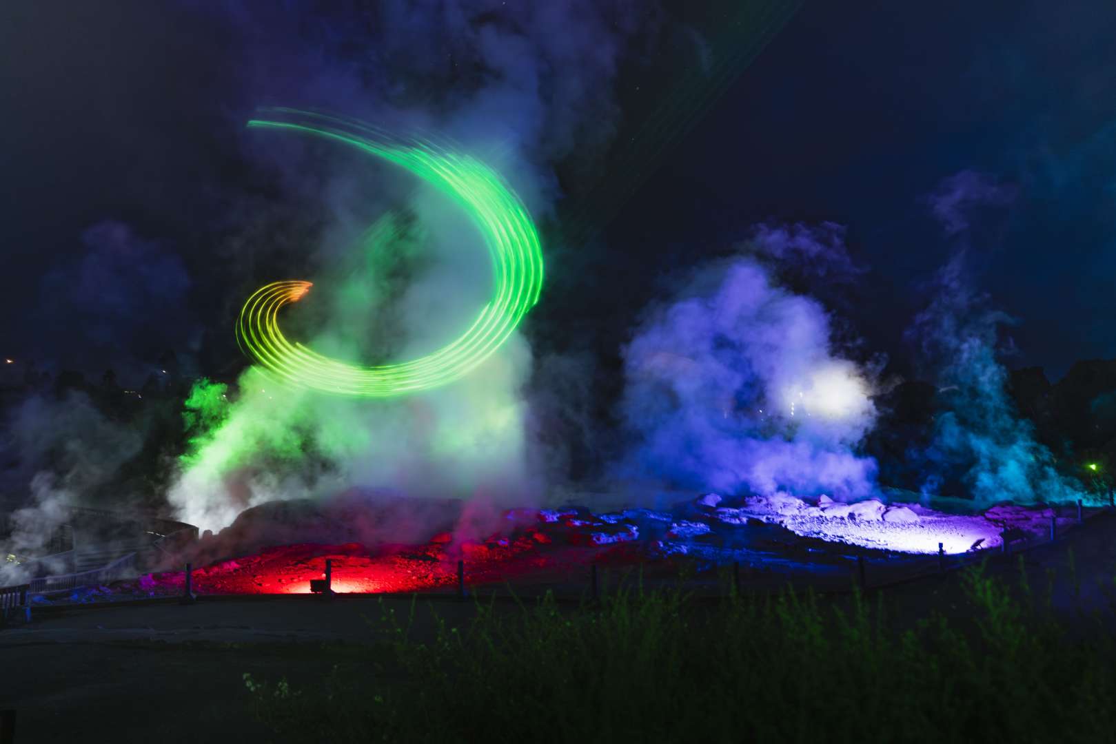 Walk through geothermal valley transforming by light